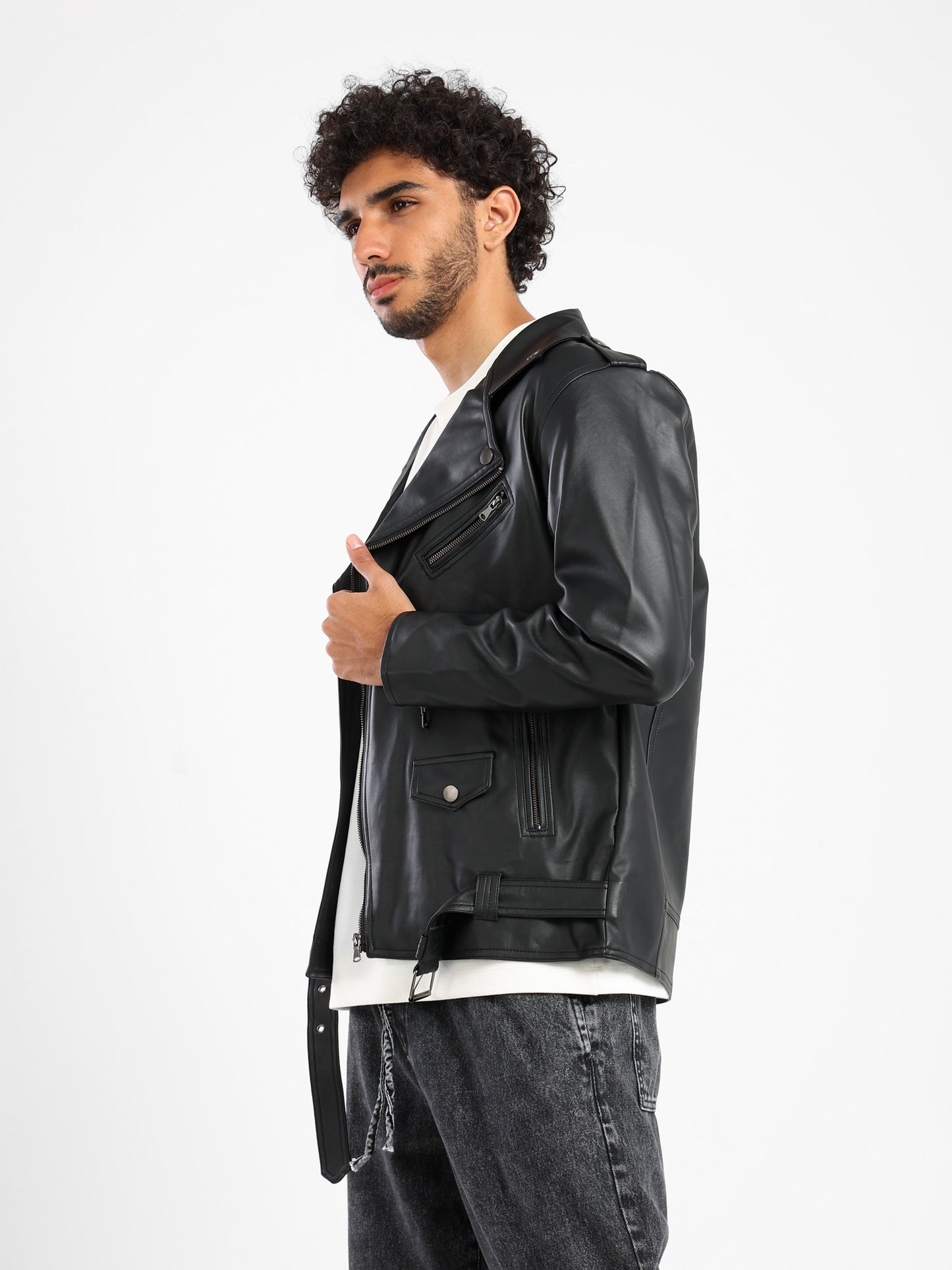 Vintage Effect Leather Biker Jacket with Belt