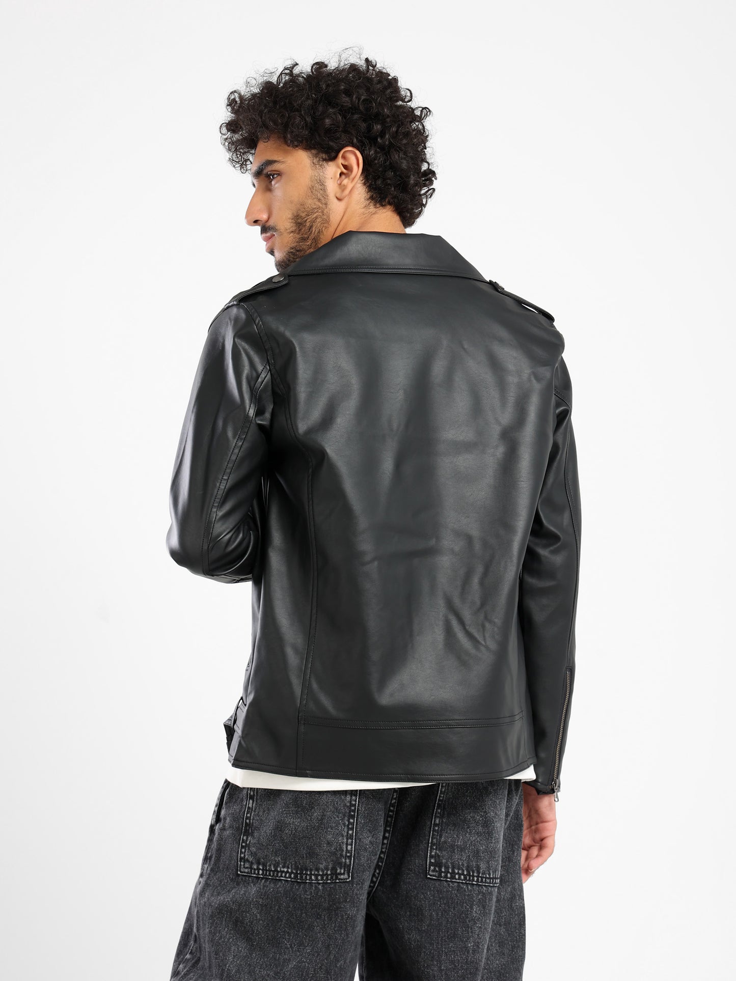 Vintage Effect Leather Biker Jacket with Belt