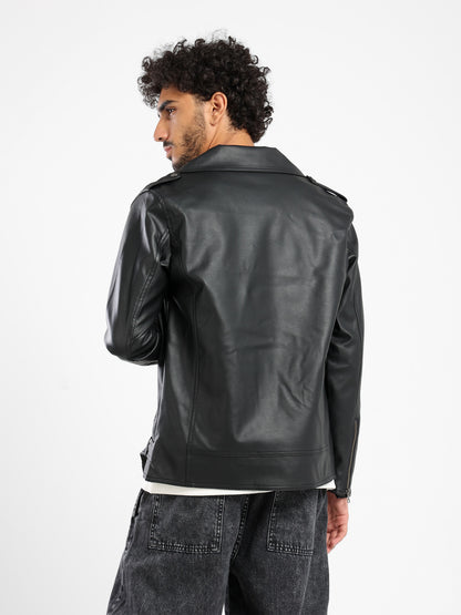 Vintage Effect Leather Biker Jacket with Belt