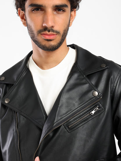 Vintage Effect Leather Biker Jacket with Belt