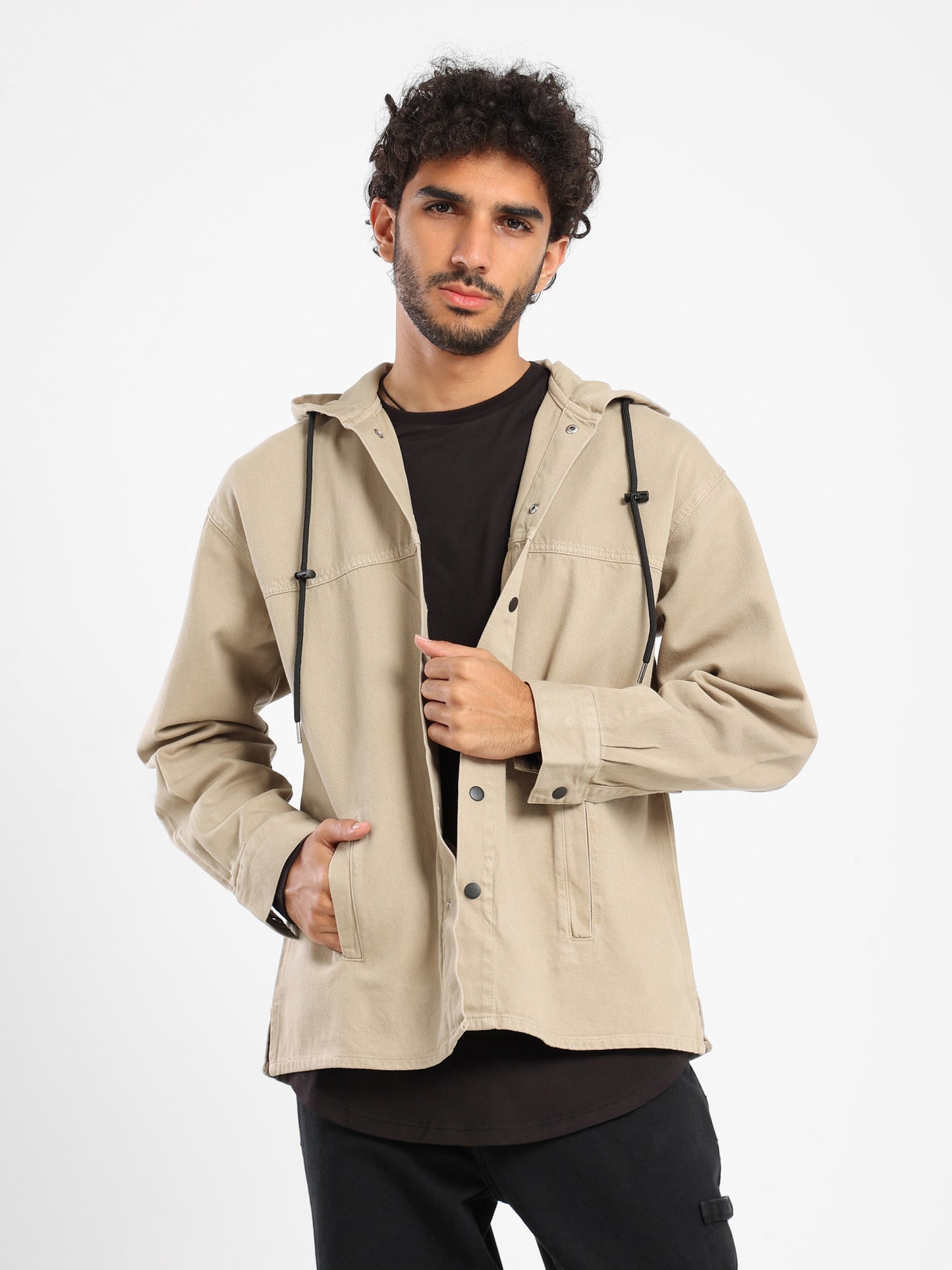Hooded Denim Overshirt with Front Square Pocket