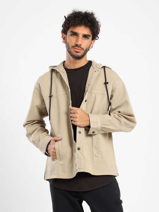 Hooded Denim Overshirt with Front Square Pocket