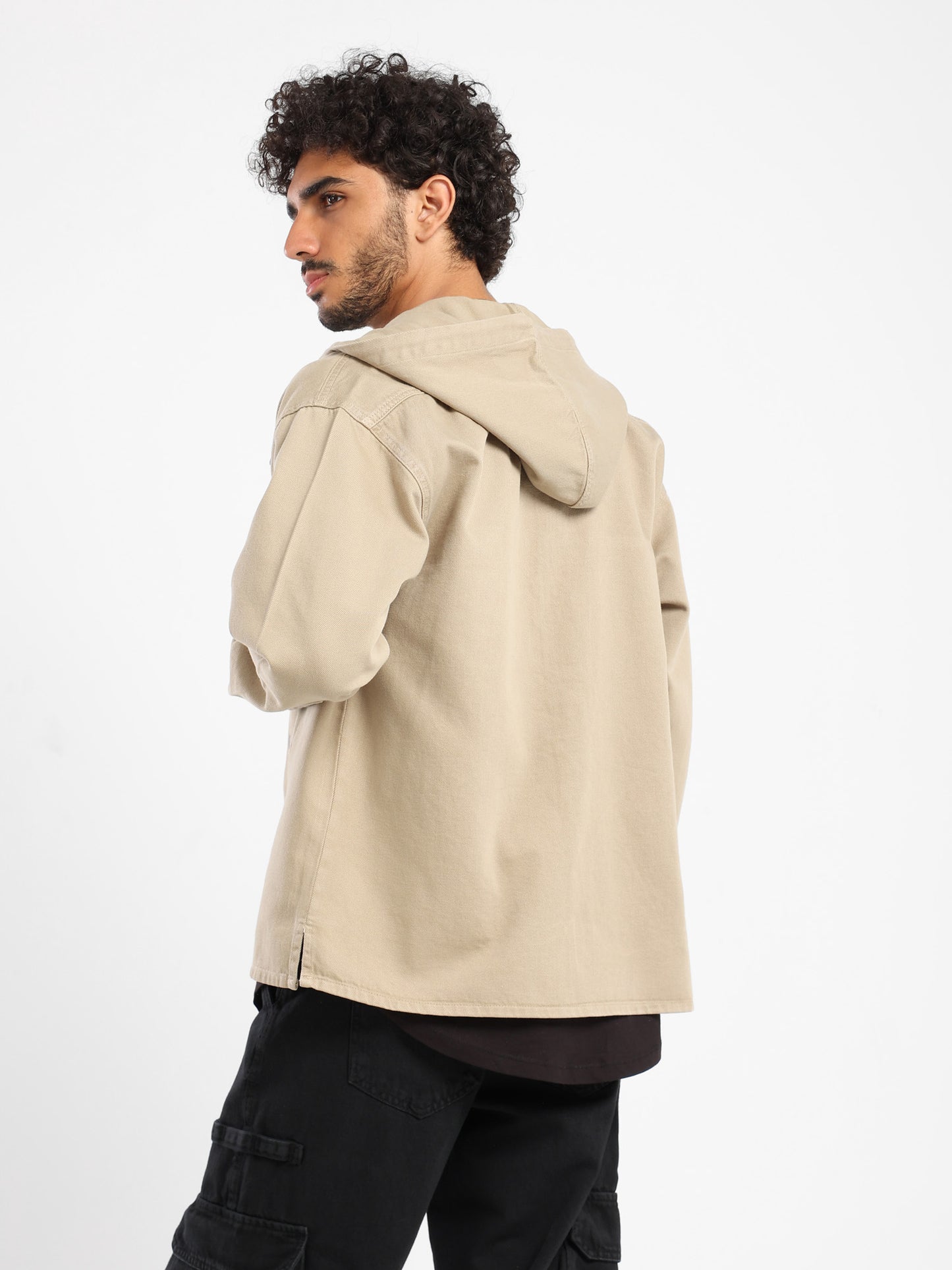 Hooded Denim Overshirt with Front Square Pocket