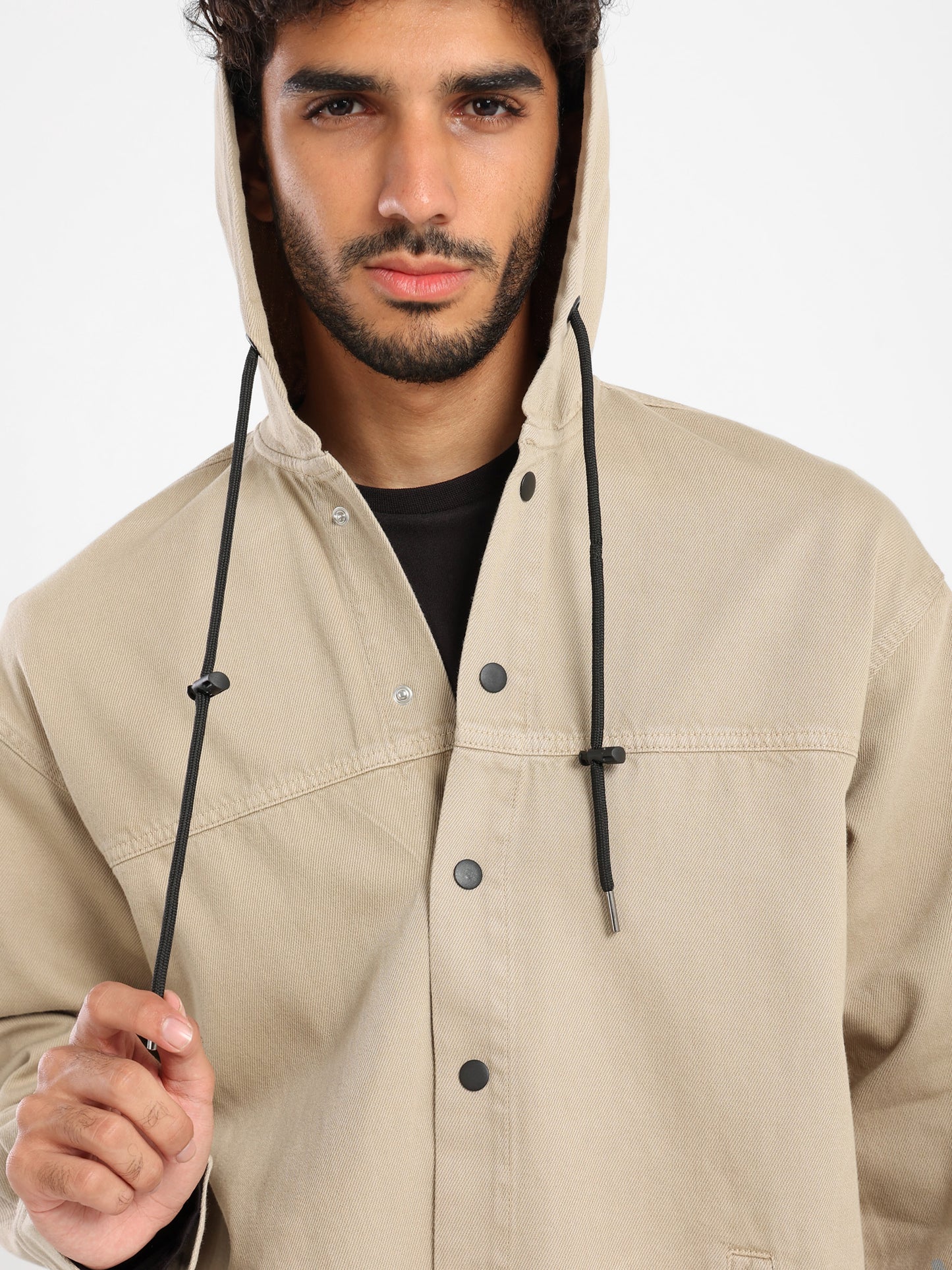 Hooded Denim Overshirt with Front Square Pocket