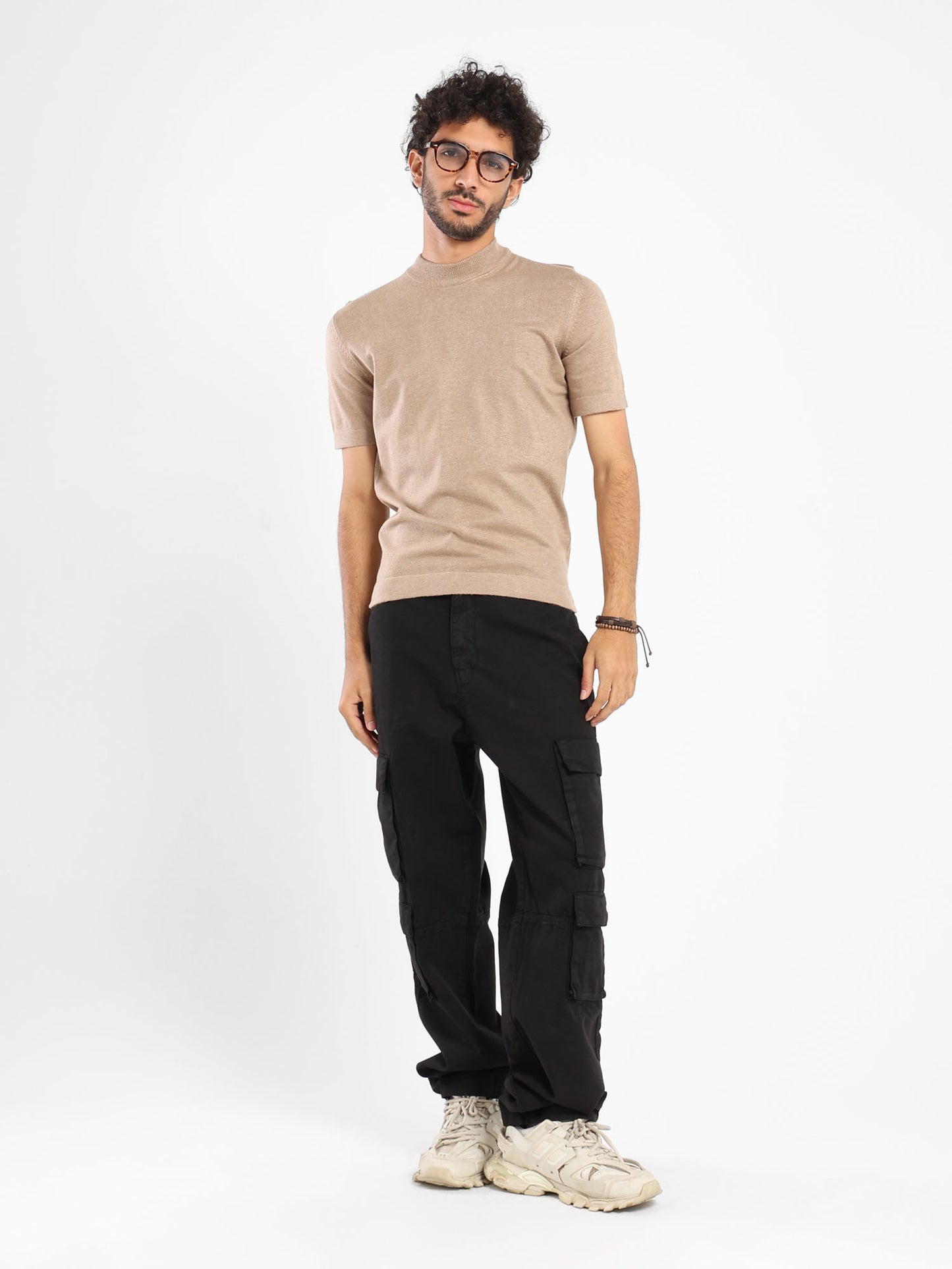 Mock Neck Tricot Tee With Striped Hem