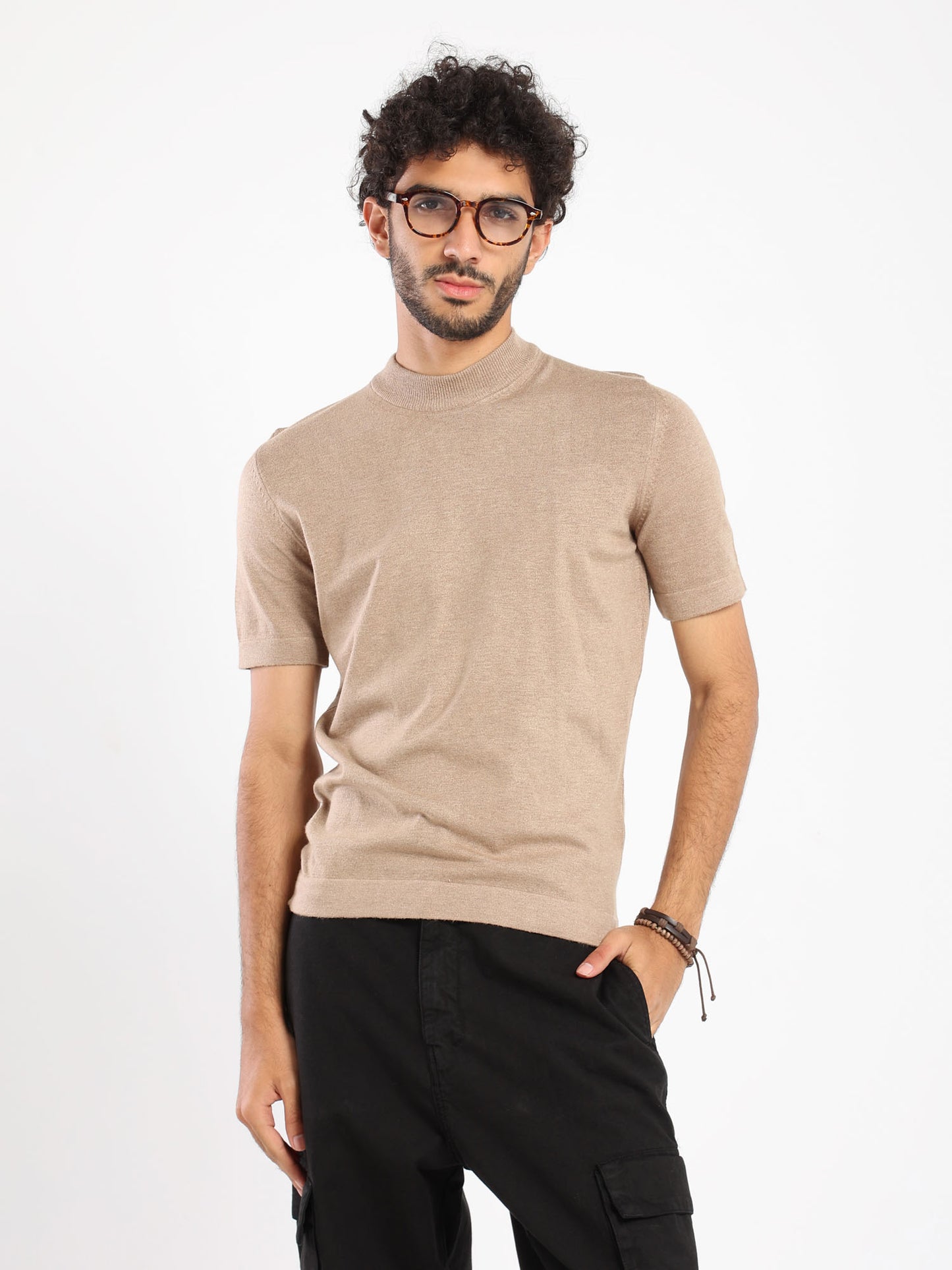 Mock Neck Tricot Tee With Striped Hem