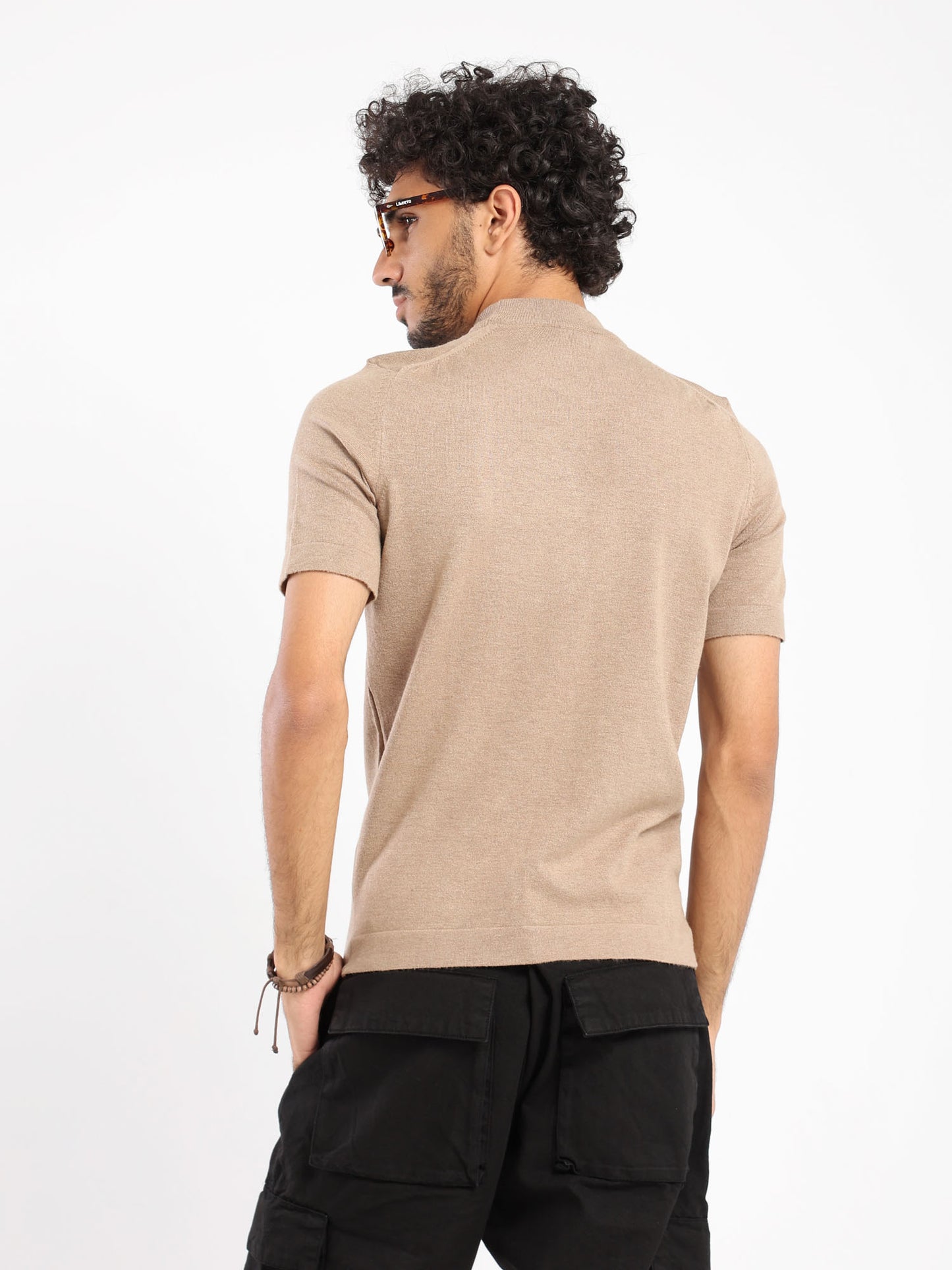 Mock Neck Tricot Tee With Striped Hem