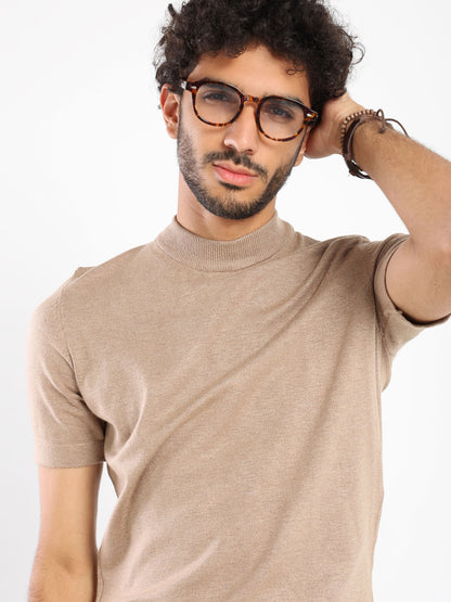 Mock Neck Tricot Tee With Striped Hem