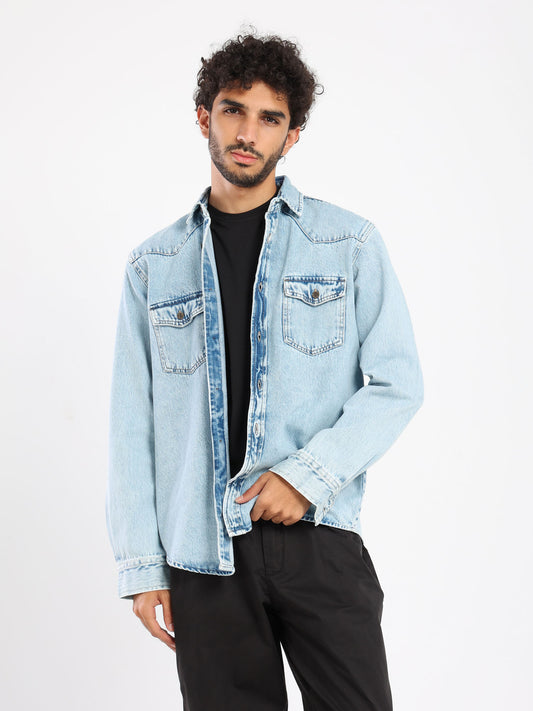 Denim Western Detail Basic Shirt With Snaps