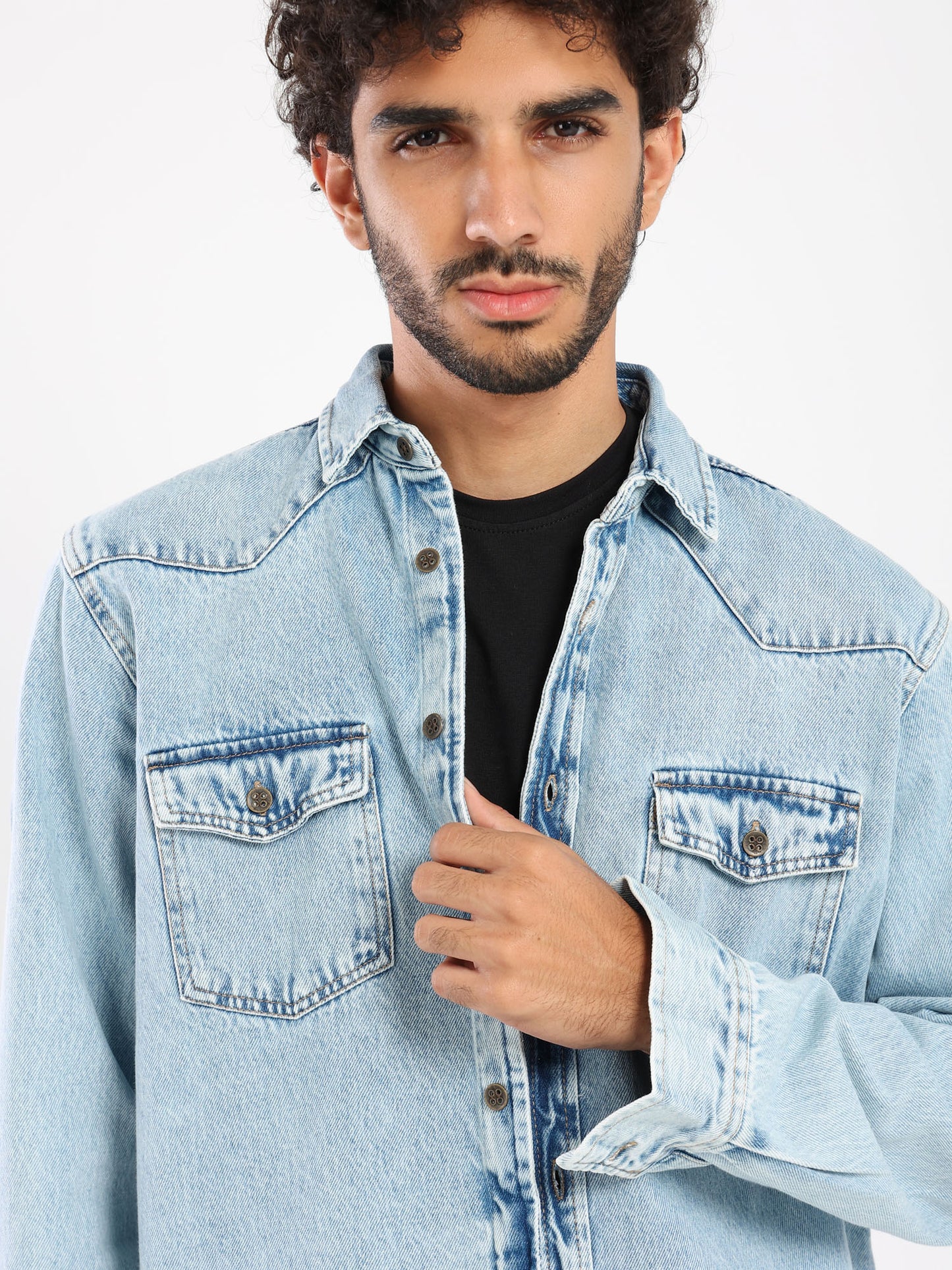 Denim Western Detail Basic Shirt With Snaps