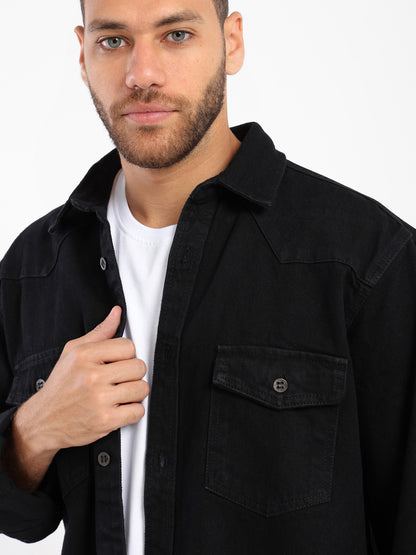 Denim Western Detail Basic Shirt With Snaps