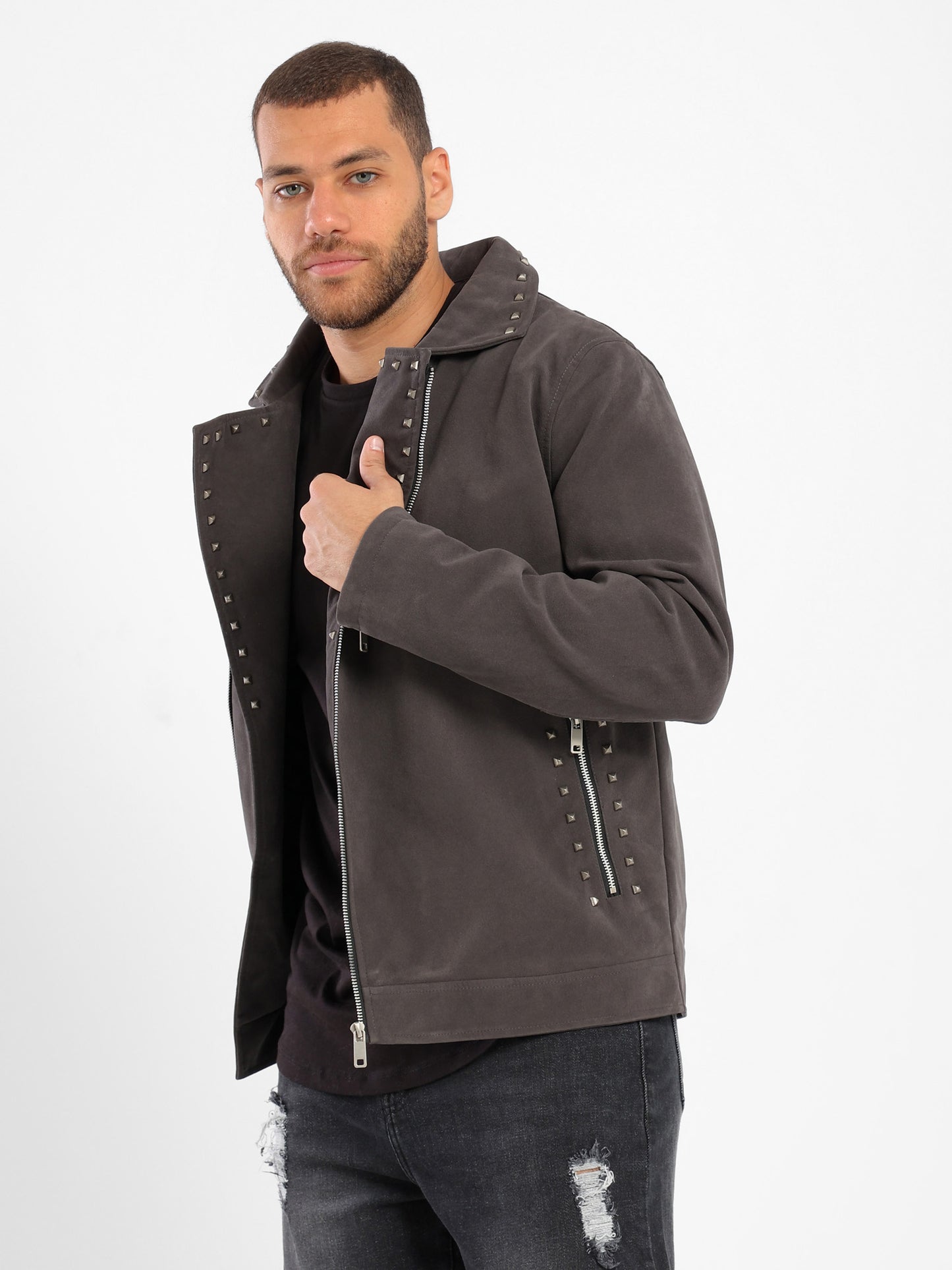 Suede Strassed Zip-Up Jacket