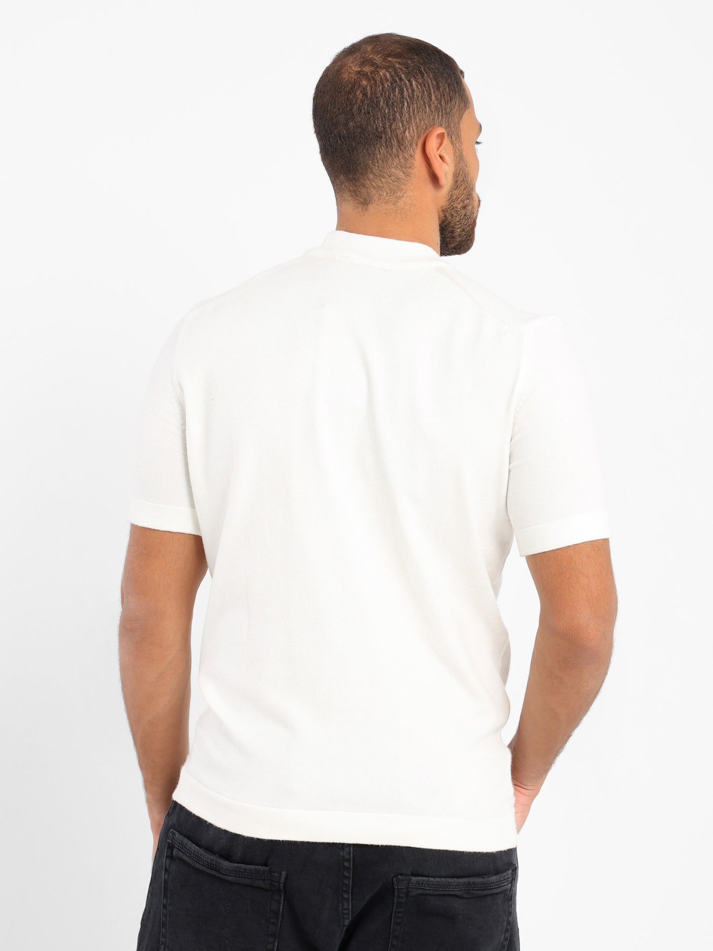 Mock Neck Tricot Tee With Striped Hem