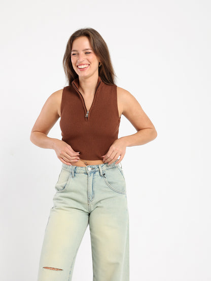 Quarter Zip Sleeveless Crop Top