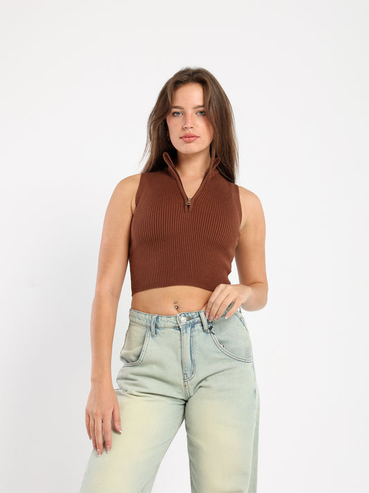 Quarter Zip Sleeveless Crop Top