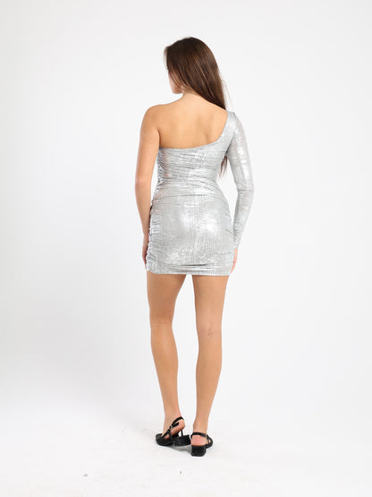 One Shoulder Aop Foil Mesh Dress