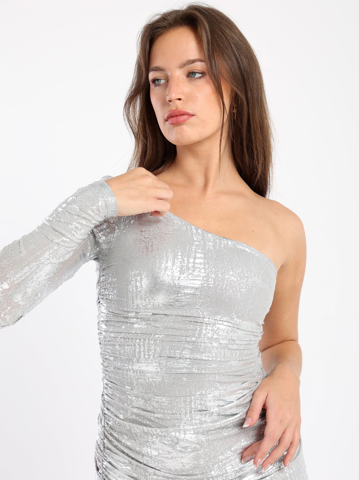 One Shoulder Aop Foil Mesh Dress