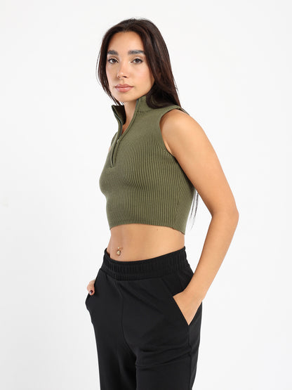 Quarter Zip Sleeveless Crop Top