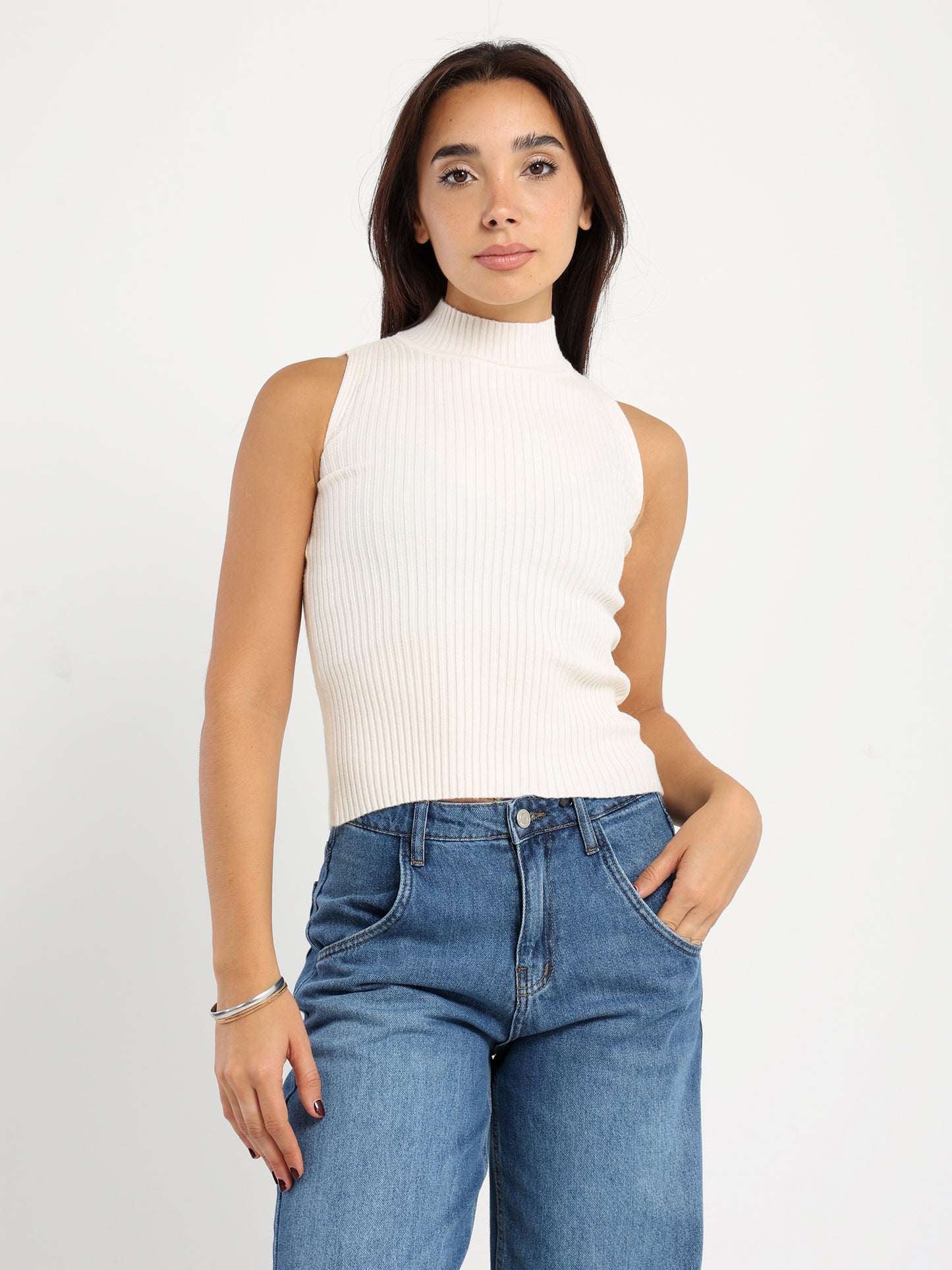 Sleeveless Rib Mock Neck