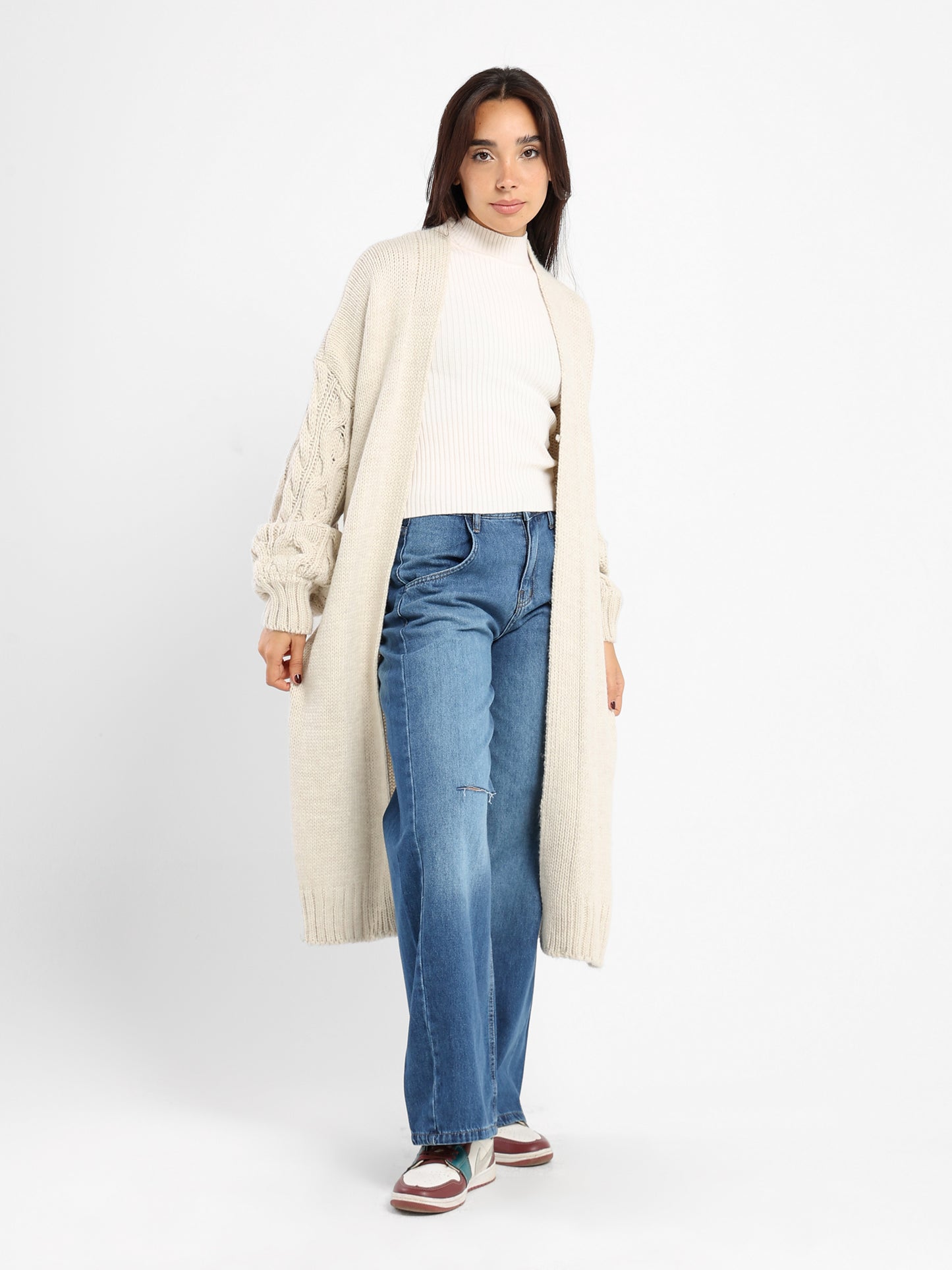 Cable Knit Sleeves Long Cardigan