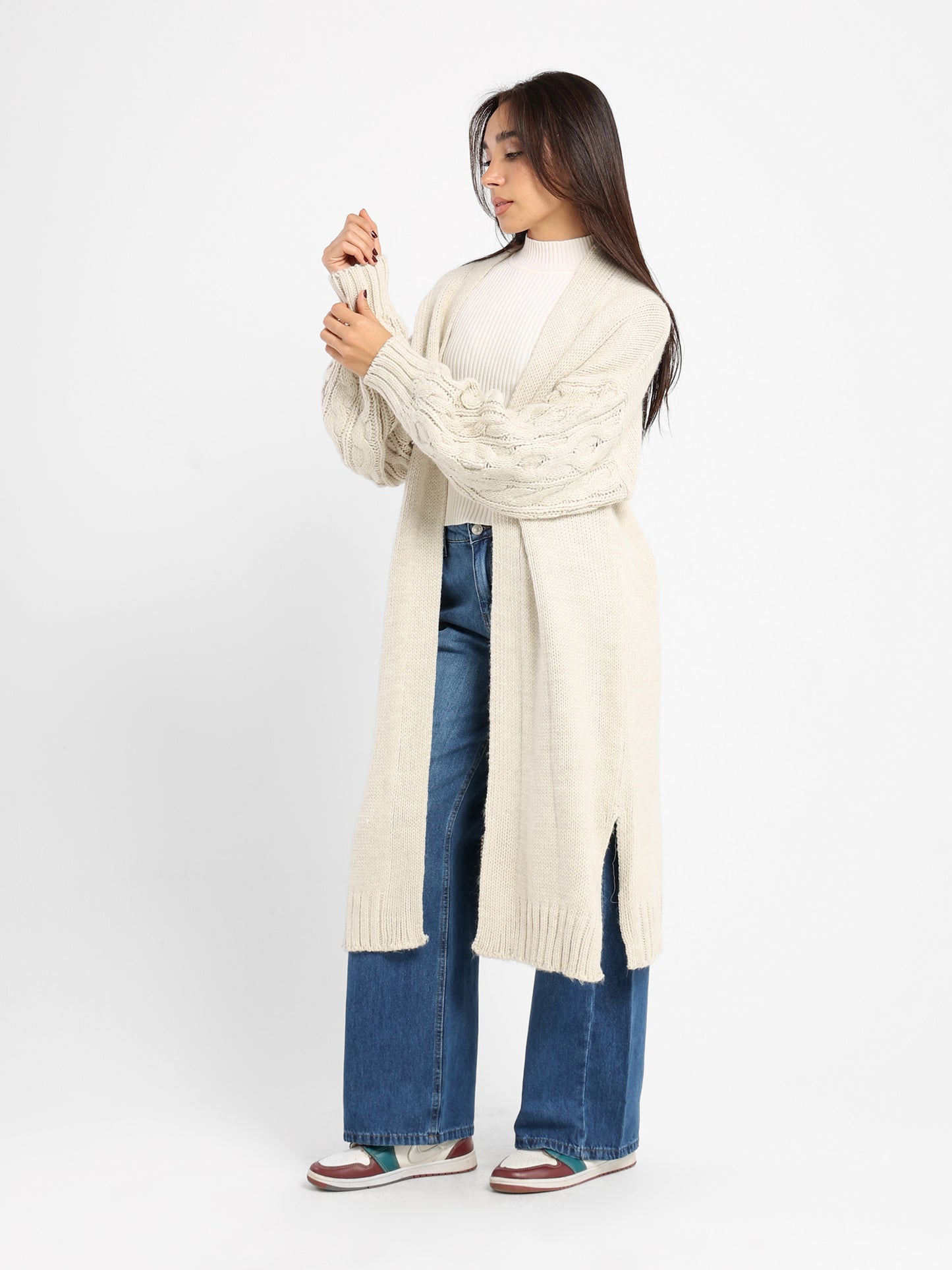 Cable Knit Sleeves Long Cardigan