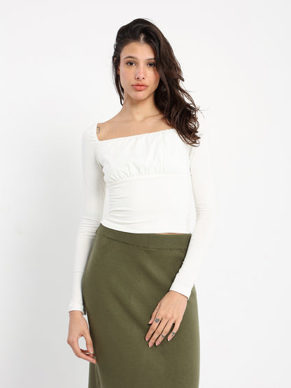 Round Neck Long Sleeve Gathered Top