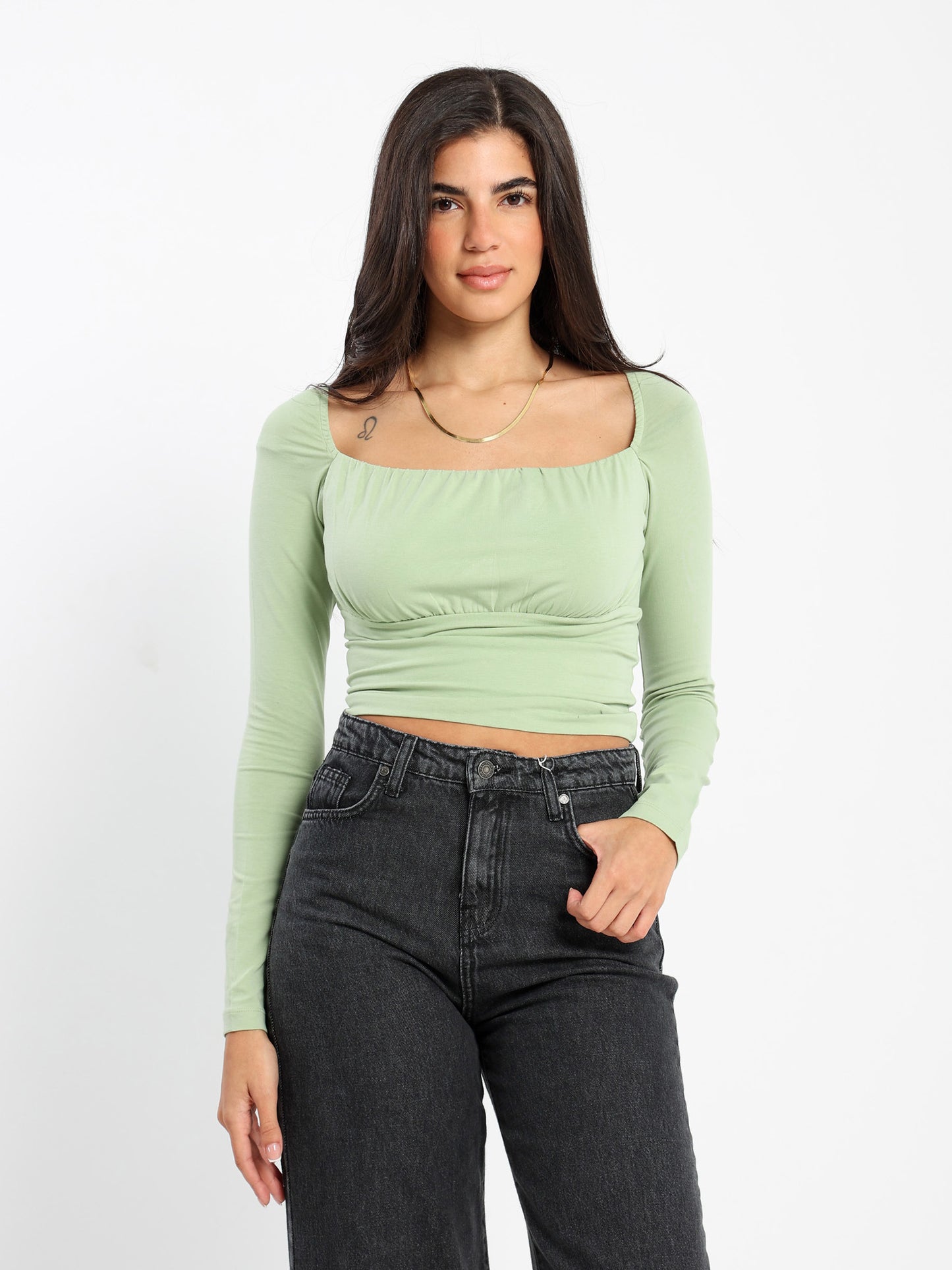 Round Neck Long Sleeve Gathered Top