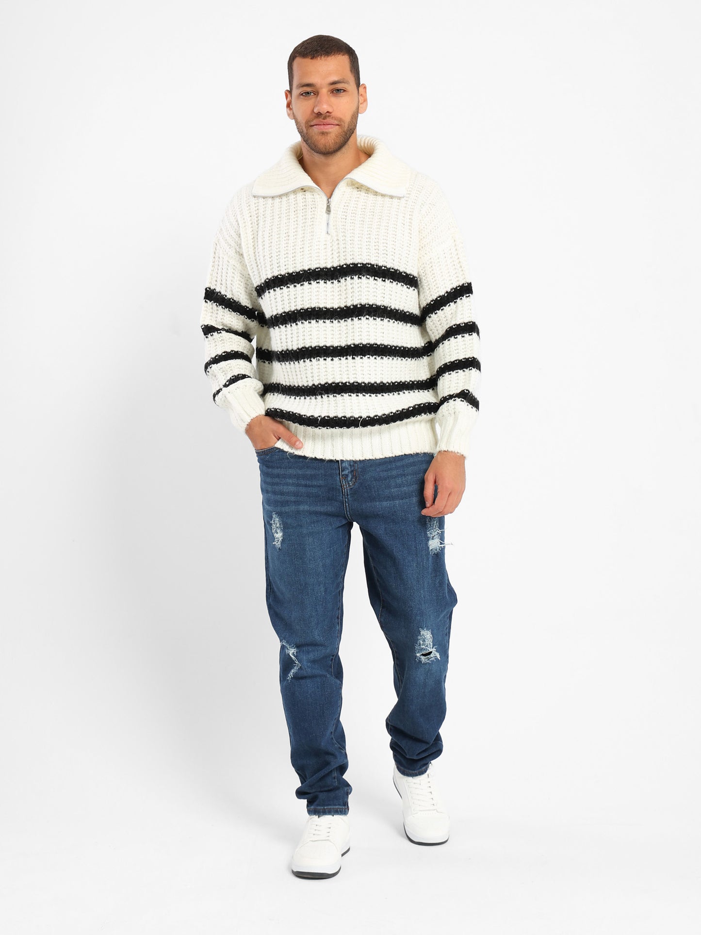 Quarter-Zip Striped Relaxed Turtleneck Pullover