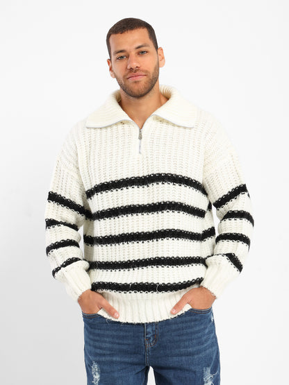 Quarter-Zip Striped Relaxed Turtleneck Pullover