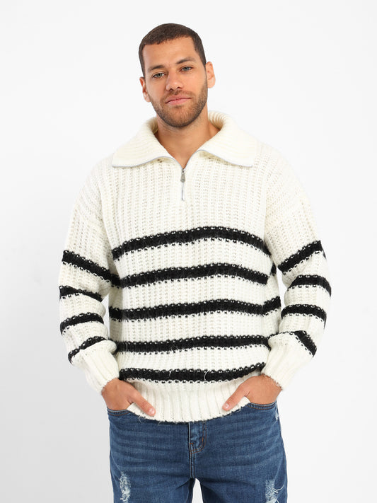 Quarter-Zip Striped Relaxed Turtleneck Pullover