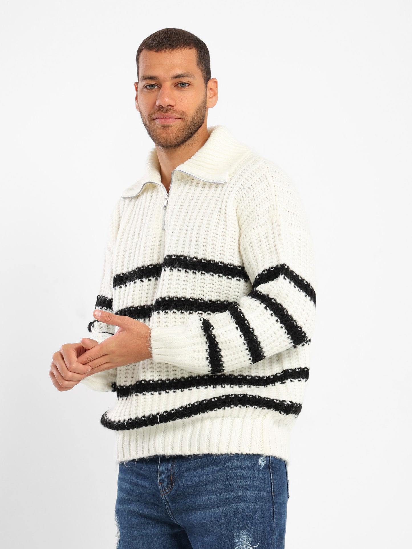 Quarter-Zip Striped Relaxed Turtleneck Pullover