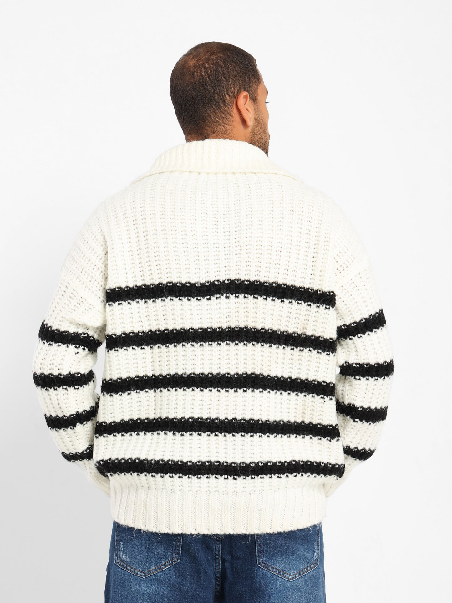 Quarter-Zip Striped Relaxed Turtleneck Pullover