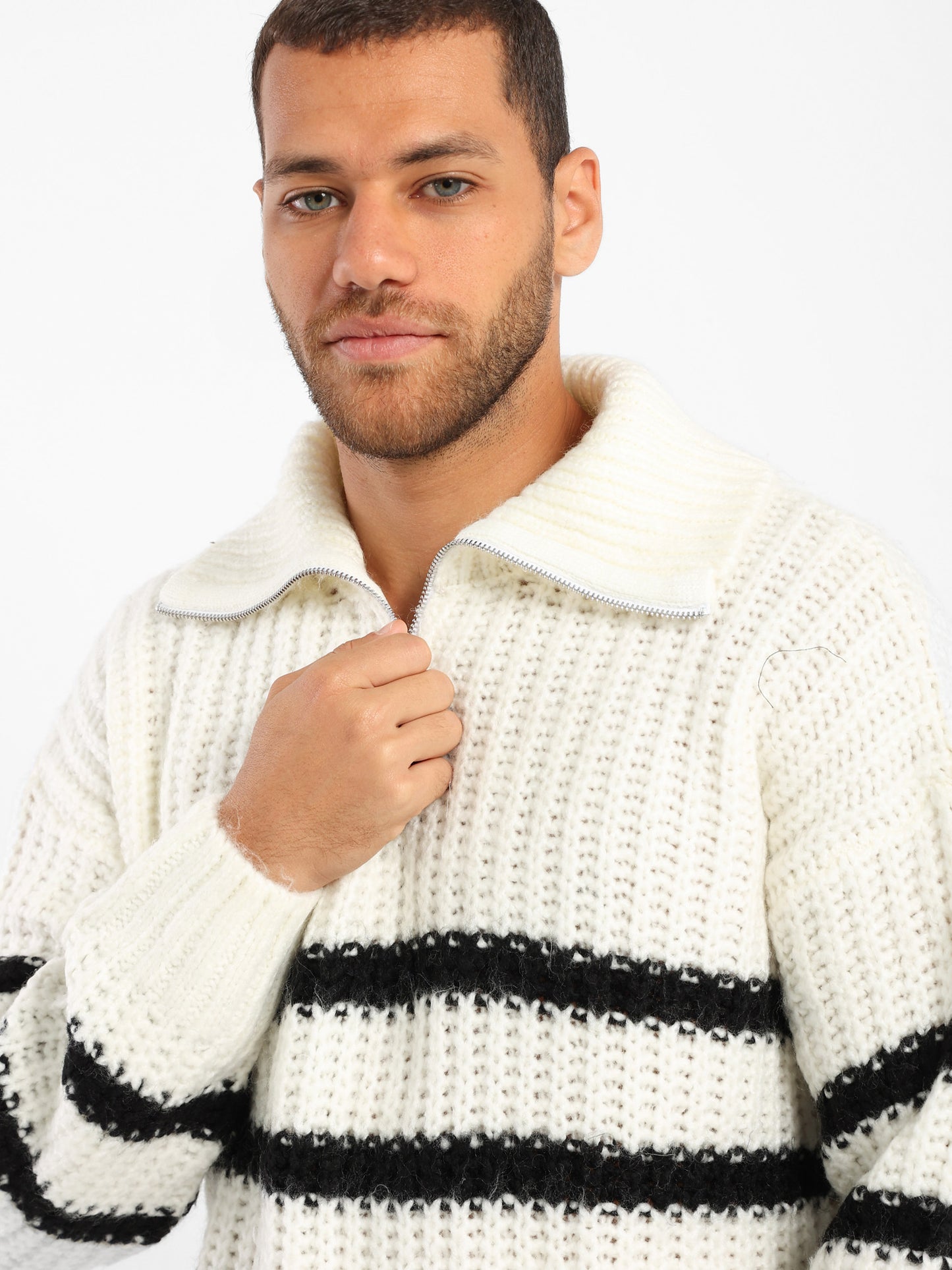 Quarter-Zip Striped Relaxed Turtleneck Pullover