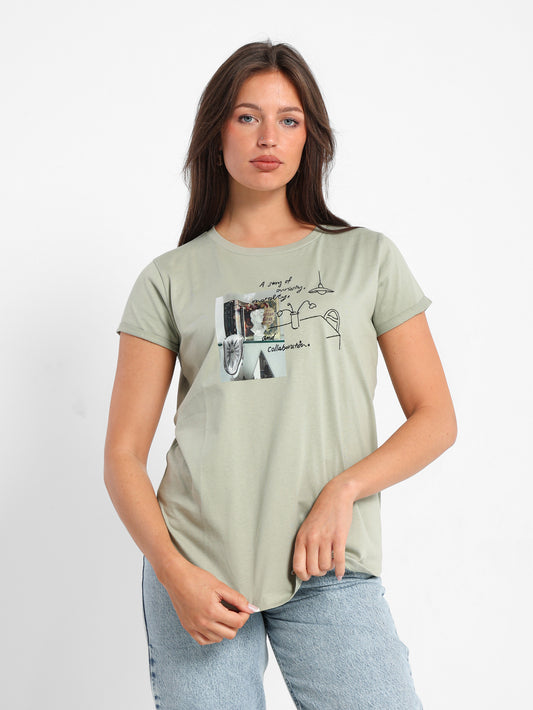 Bookshelf Photo & Embroidered Print T-Shirt