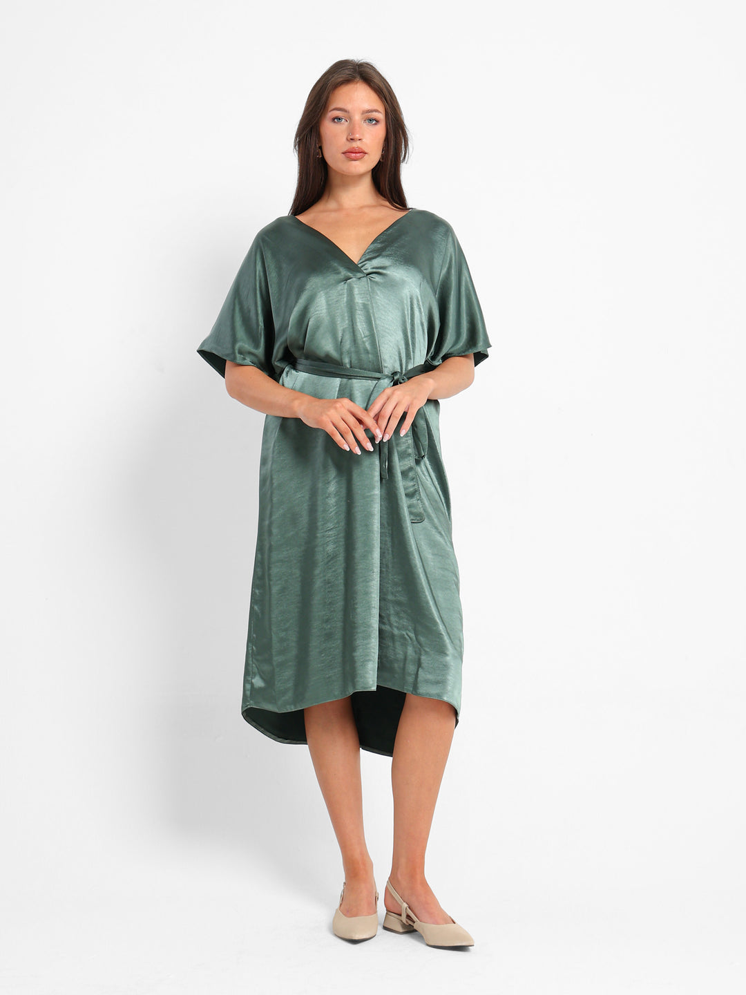baggy midi dress Bengbobar Women's Cotton Linen Midi Dresses Summer V Neck Short Sleeve Solid Color Casual Loose Waist Ruffled Midi Dress S-XXL at Amazon Women's Clothing store