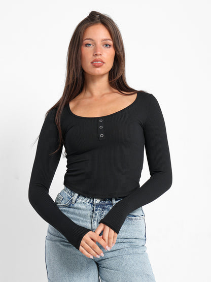 Front Button Ribbed Top