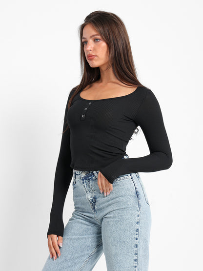 Front Button Ribbed Top