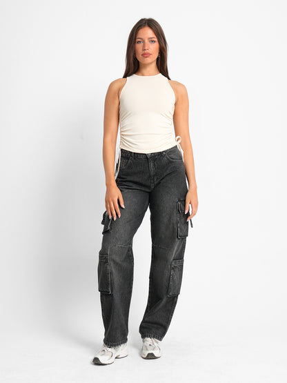 Sleeveless Ribbed Top with Drawstring