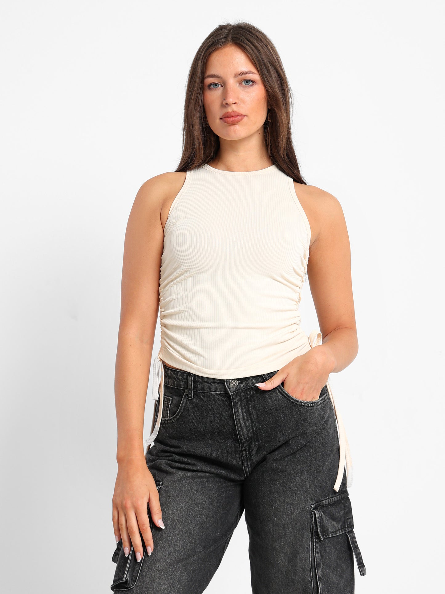 Sleeveless Ribbed Top with Drawstring