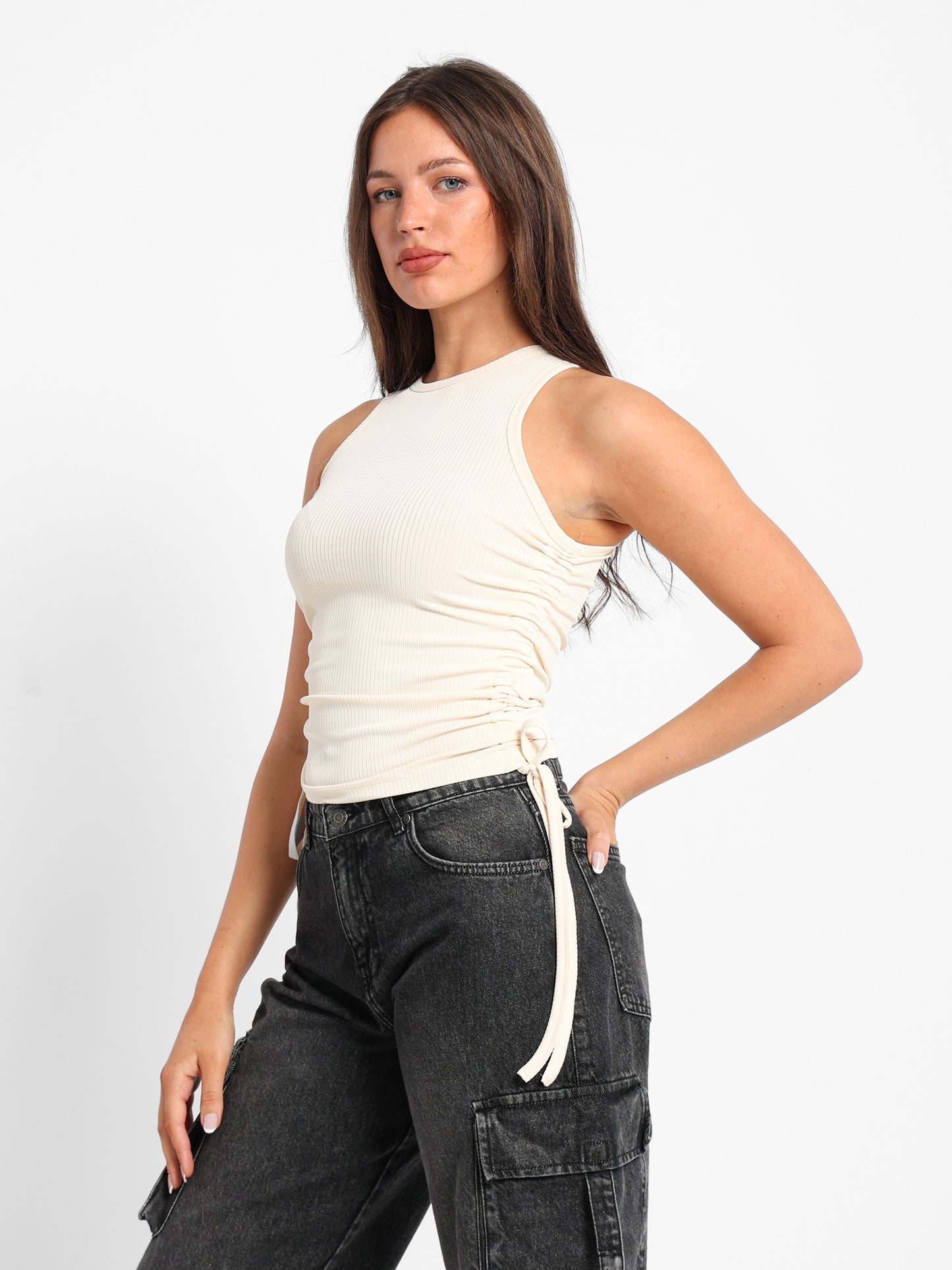 Sleeveless Ribbed Top with Drawstring