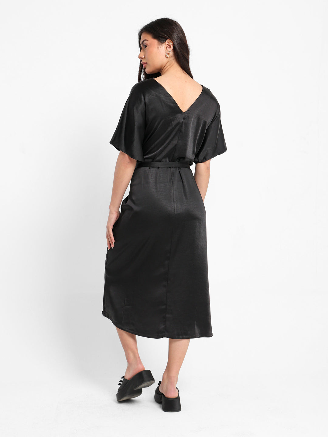 black loose midi dress Sahpxhe Flowy Dresses for Women Wrap V-Neck Short Sleeve Side Tie Midi Dress Summer Casual Loose Beach Vacation Long Dress Khaki XL