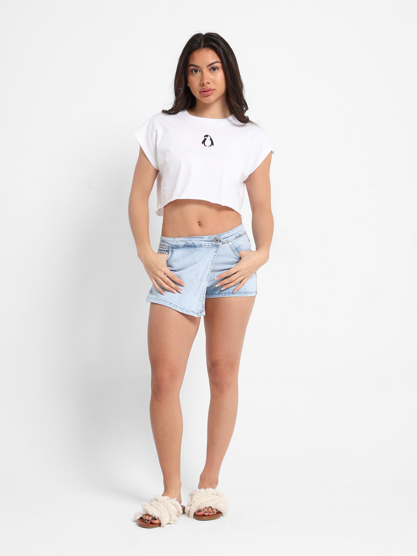 Penguin Embroidered Cropped T-Shirt