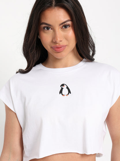 Penguin Embroidered Cropped T-Shirt