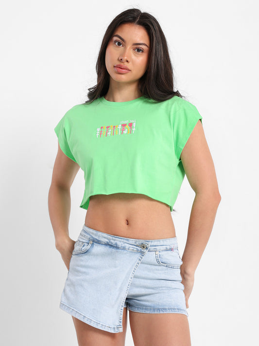 Small Floral Embroidered Cropped T-Shirt