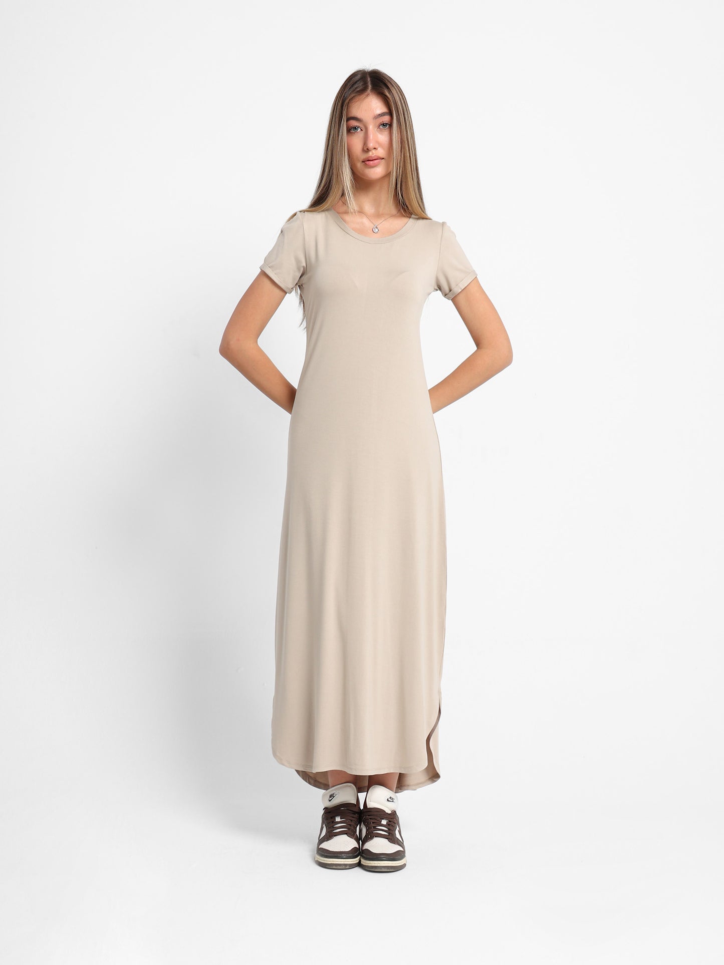Long T-Shirt Dress with Round Neck