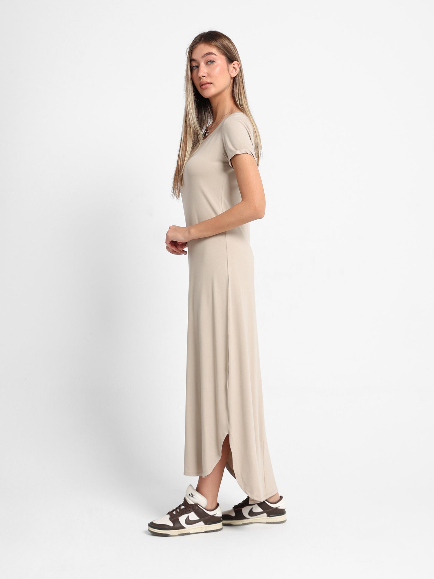 Long T-Shirt Dress with Round Neck