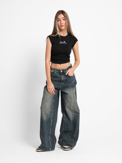 Paris Embroidered T-Shirt with Side Ruching