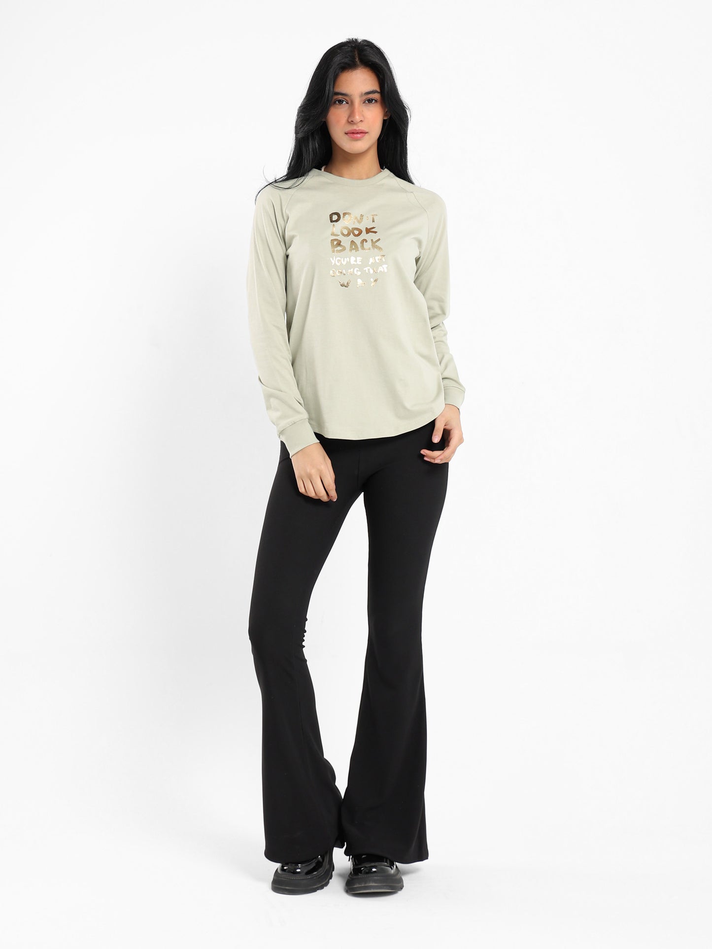 "Don't Look Back" Printed Raglan Sleeve T-Shirt