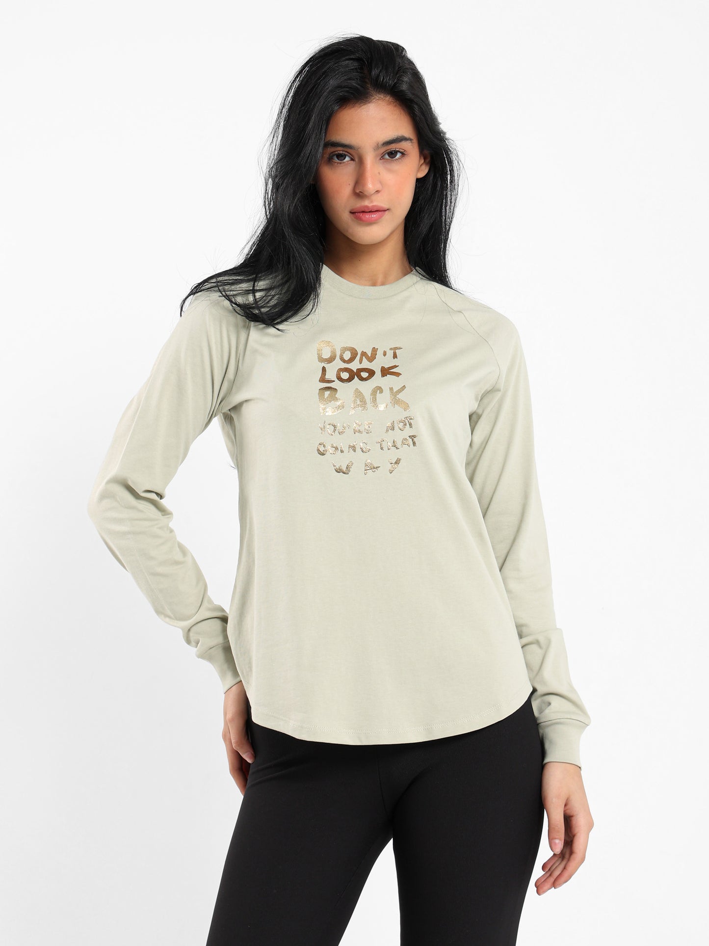 "Don't Look Back" Printed Raglan Sleeve T-Shirt