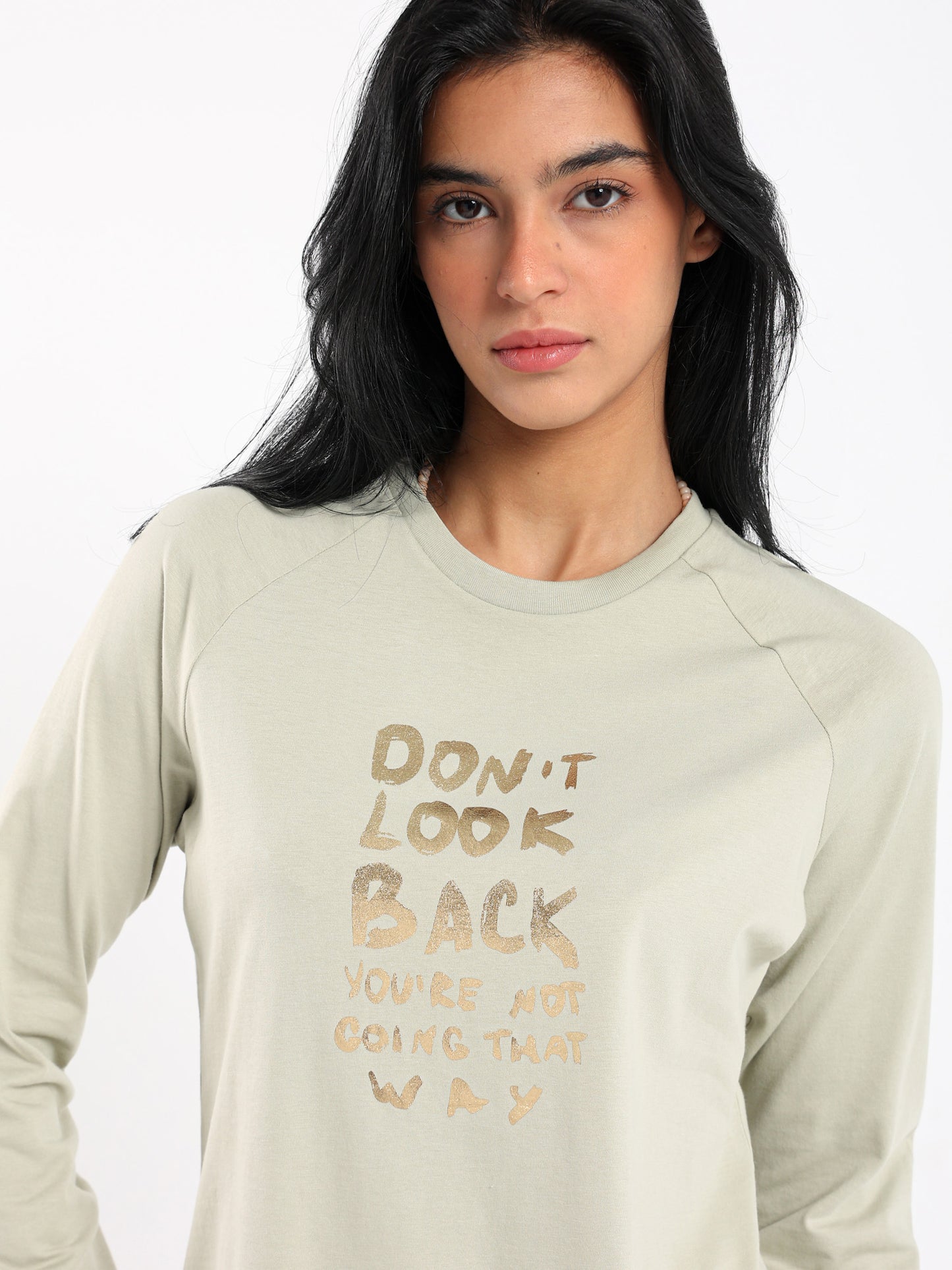 "Don't Look Back" Printed Raglan Sleeve T-Shirt